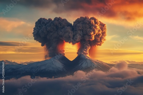 Majestic embrace of two volcanoes at sunset nature landscape gigapixel art style breathtaking view romantic concept
