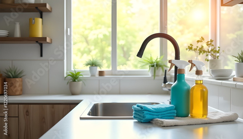 Spray bottles and towels on clean kitchen counter by window photo