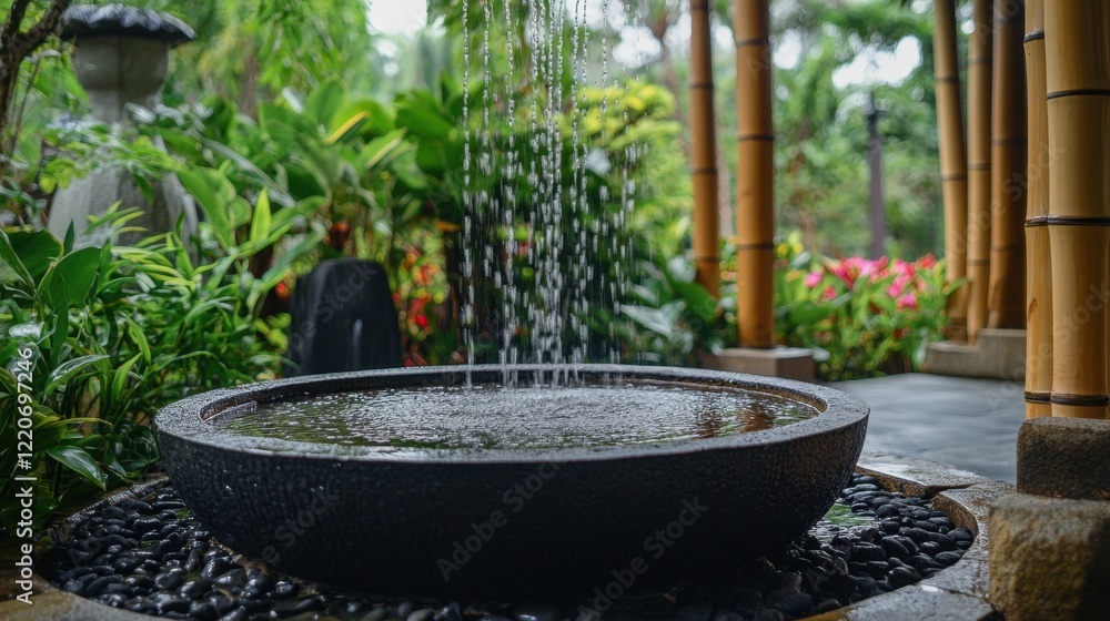 A bamboo water fountain dripping into a stone basin in a serene Zen garden. A bamboo water fountain dripping into a stone basin in a serene Zen garden.