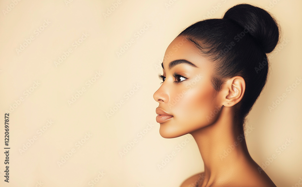 Naklejka premium young woman with long hair, showcasing her natural beauty and timeless style.