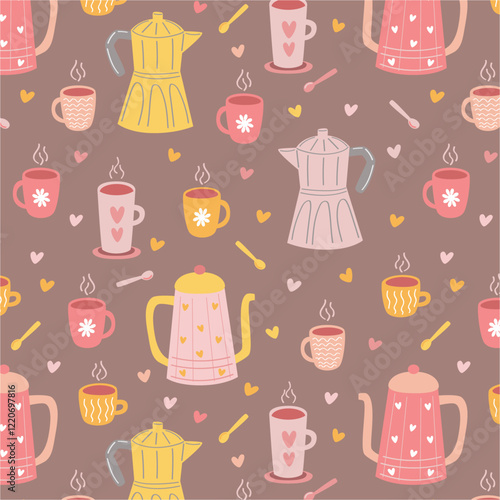 Coffee pattern. Cups, spoons, coffee makers, hand drawn coffee seamless pattern. Cute colorful coffee background.