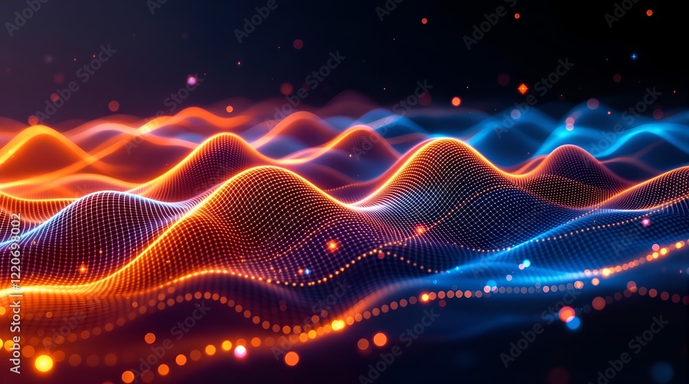Futuristic Wave Dynamics: Abstract Digital Artwork with Glowing Orange and Blue Mesh Pattern