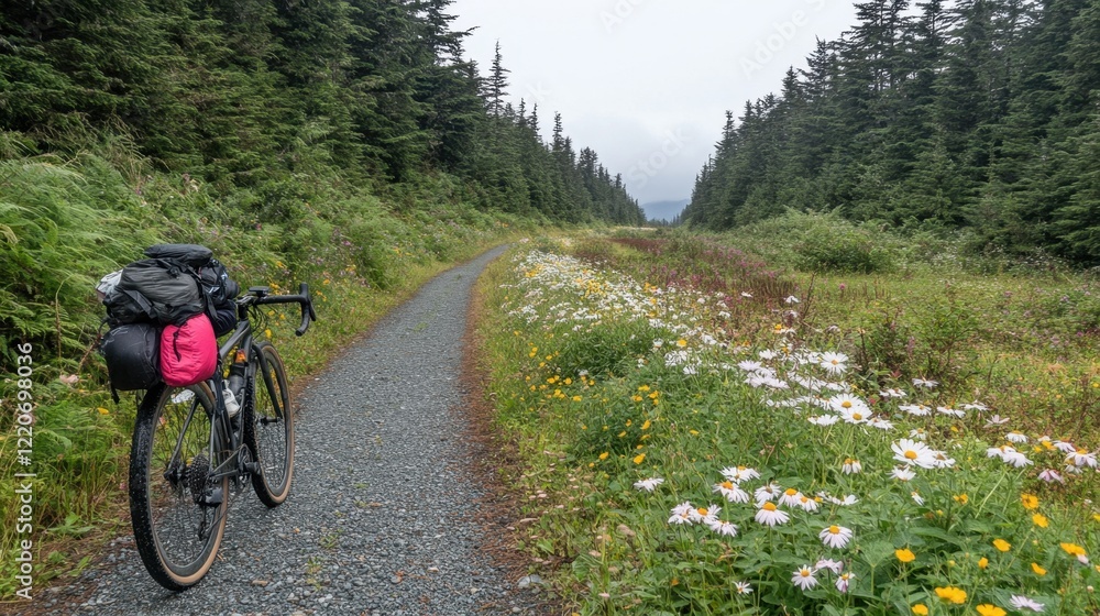 Naklejka premium A bike on a gravel trail with wildflowers growing along the path.