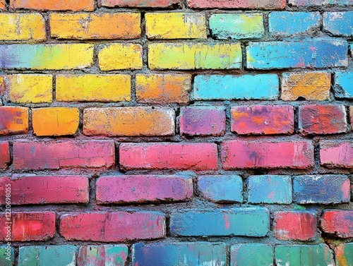 A vibrant brick wall displays a stunning rainbow of colors