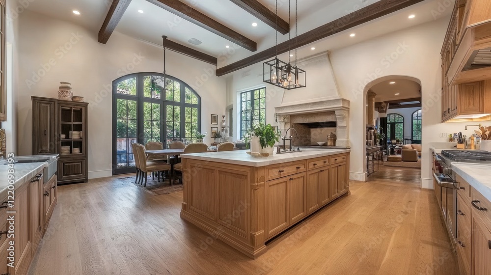 Fototapeta premium A clean and modern kitchen with light wood cabinets, polished counters, and an open design.