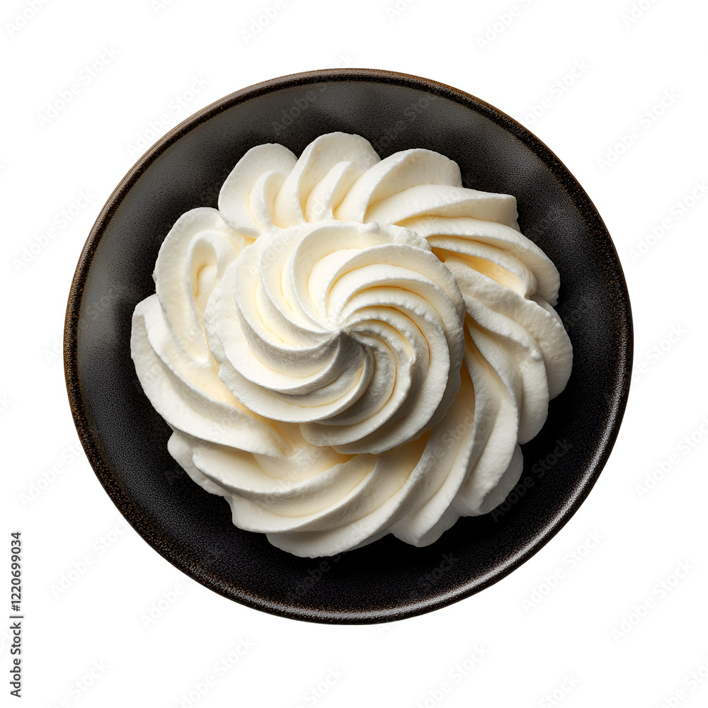 Top view of a delicious looking Meringue Française on a dark plate isolated on a white transparent background
Top view of a delicious looking Meringue Française on a dark plate isolated on a white transparent background
