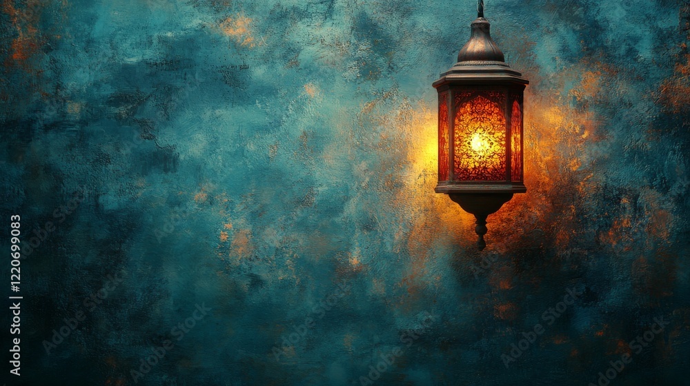Glowing lantern casts warm light against a textured teal and orange abstract wall evoking a mystical and cultural atmosphere Glowing lantern casts warm light against a textured teal and orange abstract wall evoking a mystical and cultural atmosphere