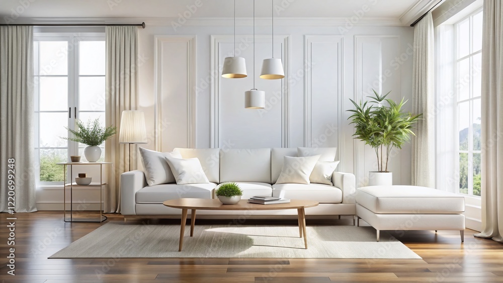 Fototapeta premium Elegant Minimalist White Living Room Interior Design - Modern Sofa, Tables & Lamps