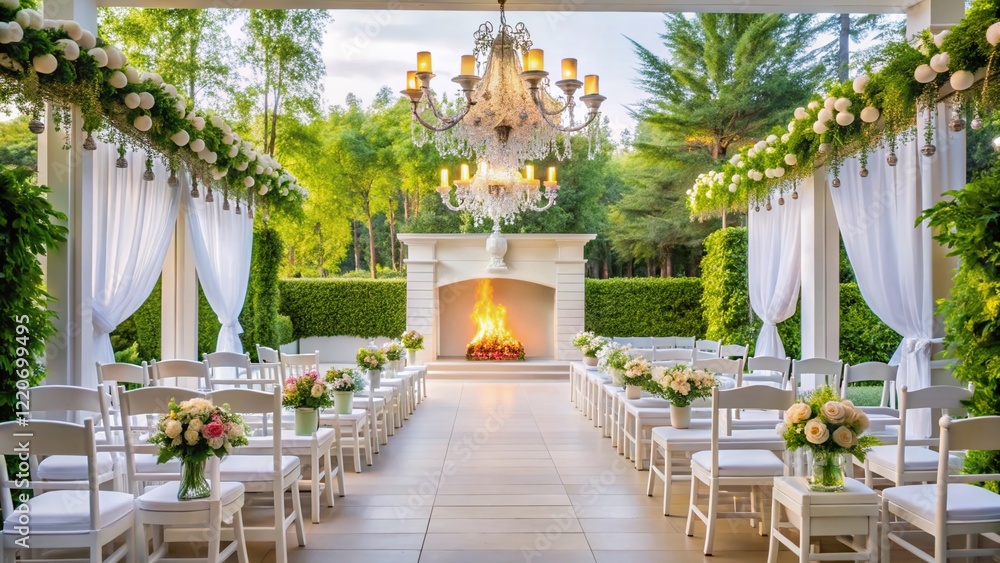 Obraz premium Elegant Outdoor Wedding Ceremony Venue: White Fireplace, Chandeliers, & Floral Decor