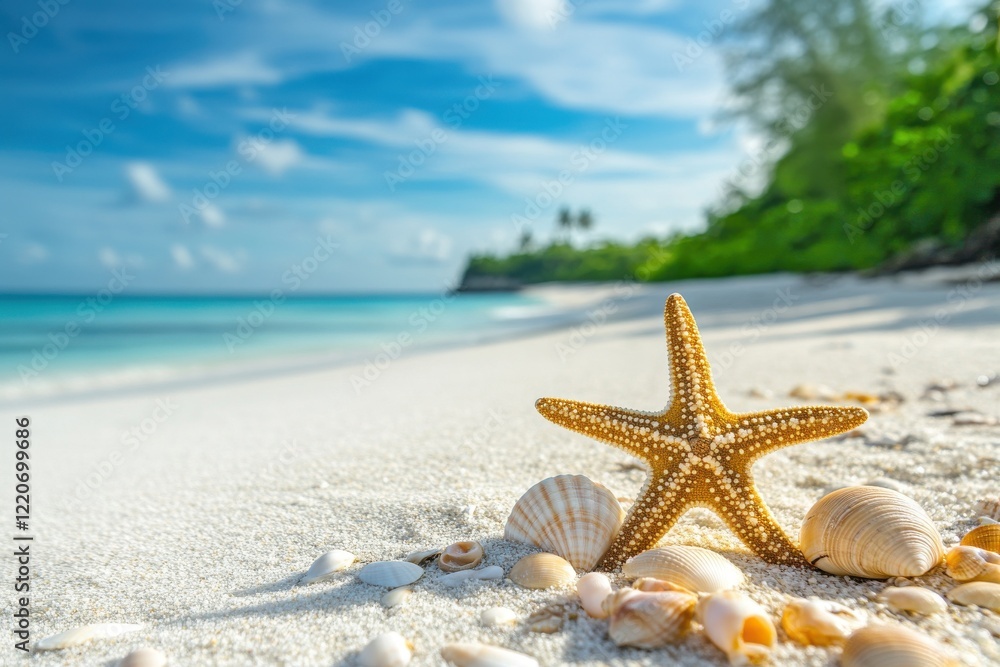 A starfish and several seashells are resting on the beach near the ocean waves