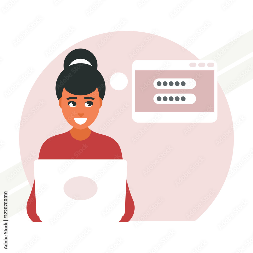 A girl coming up with a password representing technology and security A girl coming up with a password representing technology and security