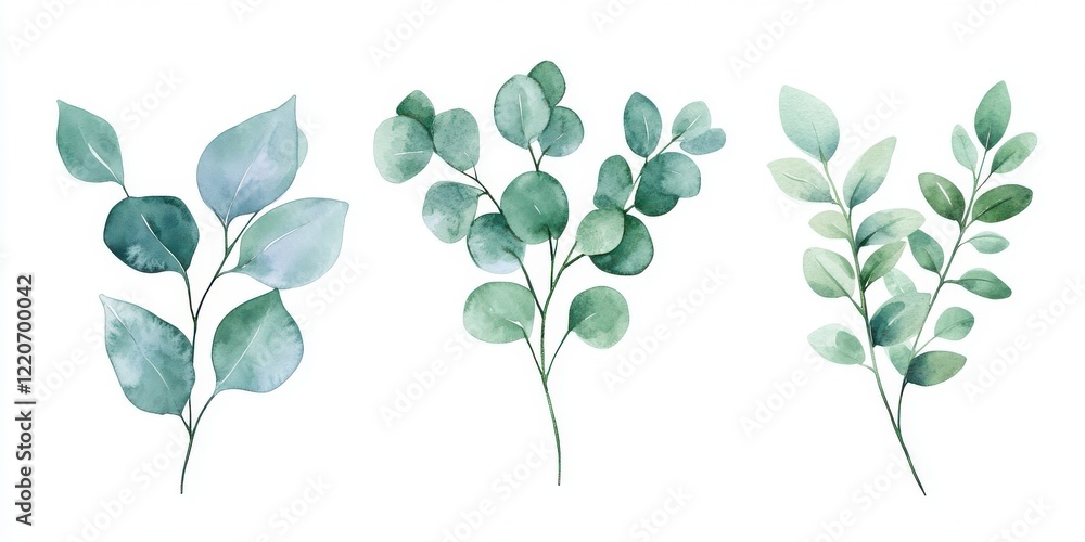 Obraz premium Watercolor eucalyptus leaves arranged on a clean white background