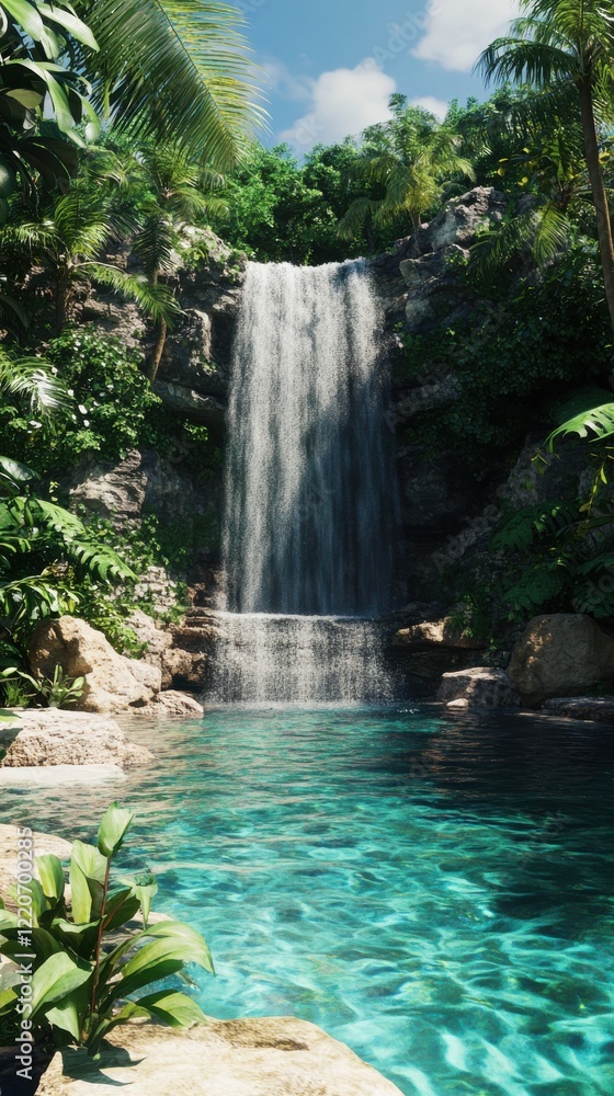 Waterfall cascading into clear turquoise pool surrounded by lush tropical vegetation on a sunny day Waterfall cascading into clear turquoise pool surrounded by lush tropical vegetation on a sunny day