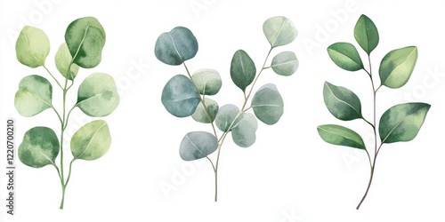 Watercolor eucalyptus leaves arranged on a clean white background