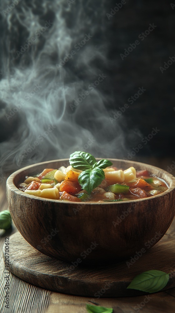 Close-up of a steaming bowl of vegetable soup with fresh basil and vibrant colors in a cozy kitchen setting Close-up of a steaming bowl of vegetable soup with fresh basil and vibrant colors in a cozy kitchen setting