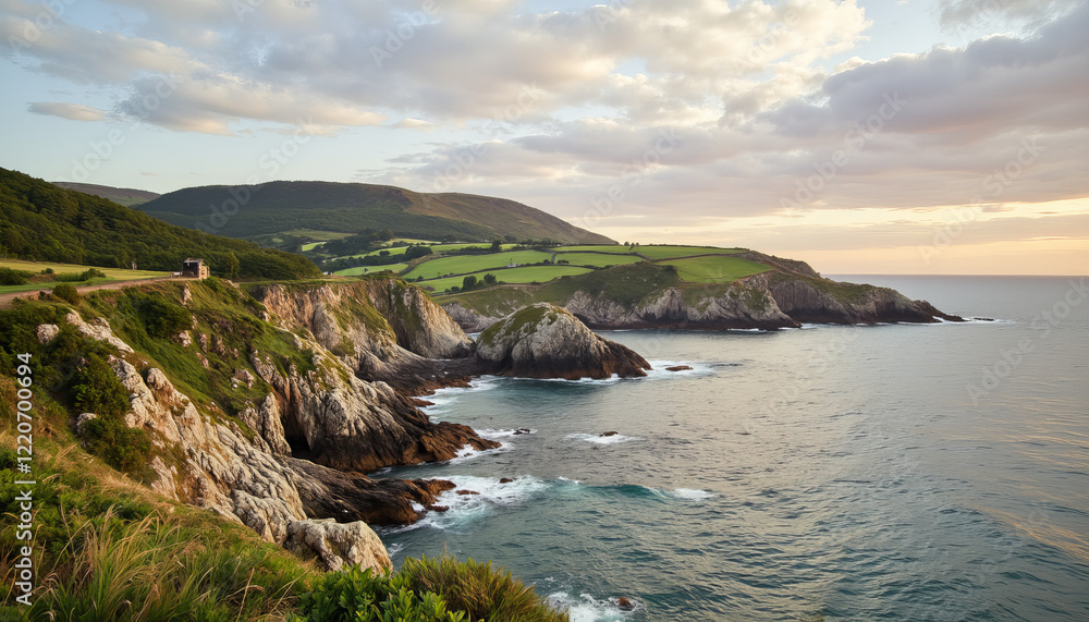 Coastal landscape with cliffs and ocean at sunset Coastal landscape with cliffs and ocean at sunset