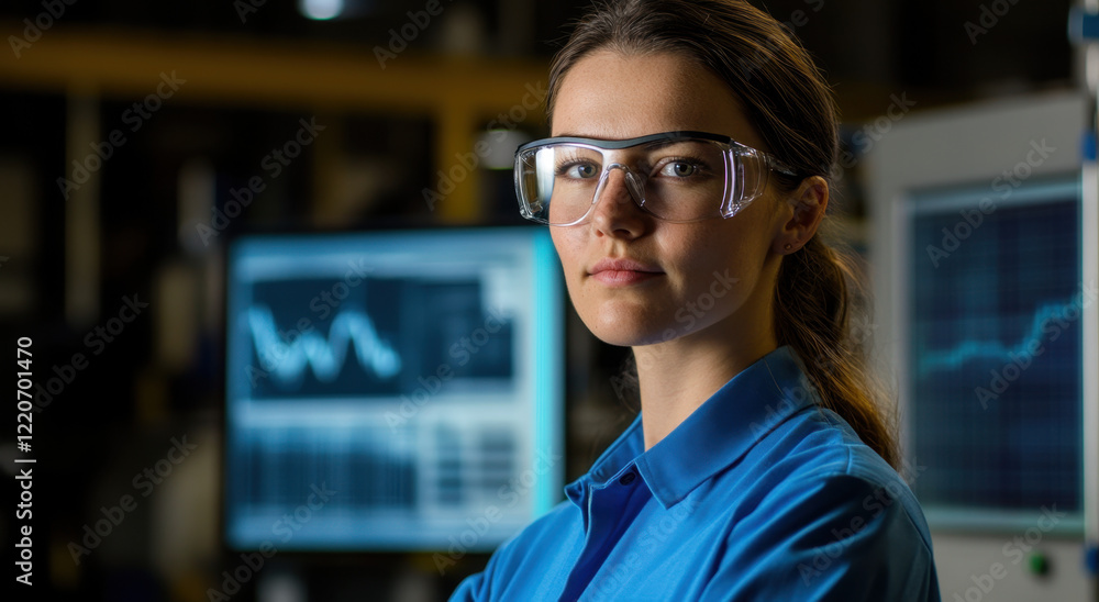 Female engineer wearing safety glasses in a blue shirt works in a lab environment with digital displays analyzing data Female engineer wearing safety glasses in a blue shirt works in a lab environment with digital displays analyzing data