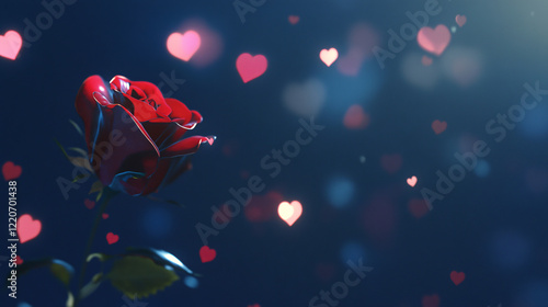 A Mesmerizing Red Rose with Exquisite Heart - Shaped Petals Against a Deep Blue Background, Embraced by Bokeh Lights and Scattered Delicate Pink Hearts, Evocatively Symbolizing the Profound Love of Va photo