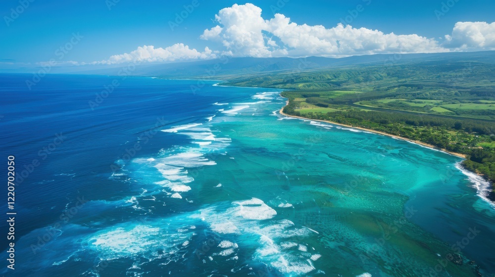 Aerial View of Turquoise Ocean Waves Crashing on a Tropical Coastline with Lush Green Landscape under a Blue Sky Aerial View of Turquoise Ocean Waves Crashing on a Tropical Coastline with Lush Green Landscape under a Blue Sky