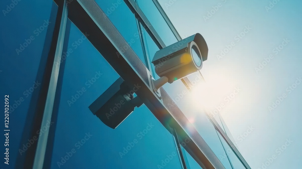 A high-tech CCTV camera with a weatherproof casing under bright sunlight. A high-tech CCTV camera with a weatherproof casing under bright sunlight.