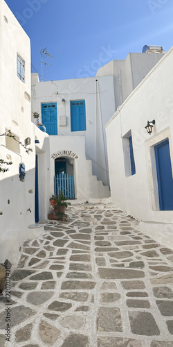 Narrow cobblestone street with whitewashed buildings and bright blue doors under a clear sky.