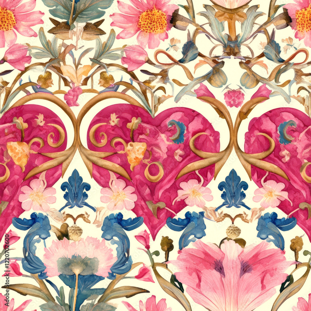 Floral Hearts: An intricate pattern of hearts, intertwining with blooming roses, creates a whimsical and romantic design. The hearts are framed with lush green foliage. Seamless pattern Floral Hearts: An intricate pattern of hearts, intertwining with blooming roses, creates a whimsical and romantic design. The hearts are framed with lush green foliage. Seamless pattern
