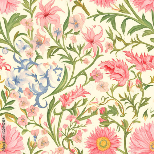 Wallpaper Mural Floral Tapestry: Delicate pink and blue flowers intertwine in an elegant, seamless pattern, reminiscent of vintage botanical illustrations. The design is perfect for textiles. Seamless pattern Torontodigital.ca