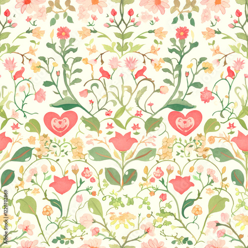 Floral Heart Pattern: A charming watercolor floral pattern featuring delicate flowers, lush foliage, and prominent hearts forming a symmetrical, repeating design. Perfect for textile, wallpaper. Seaml photo