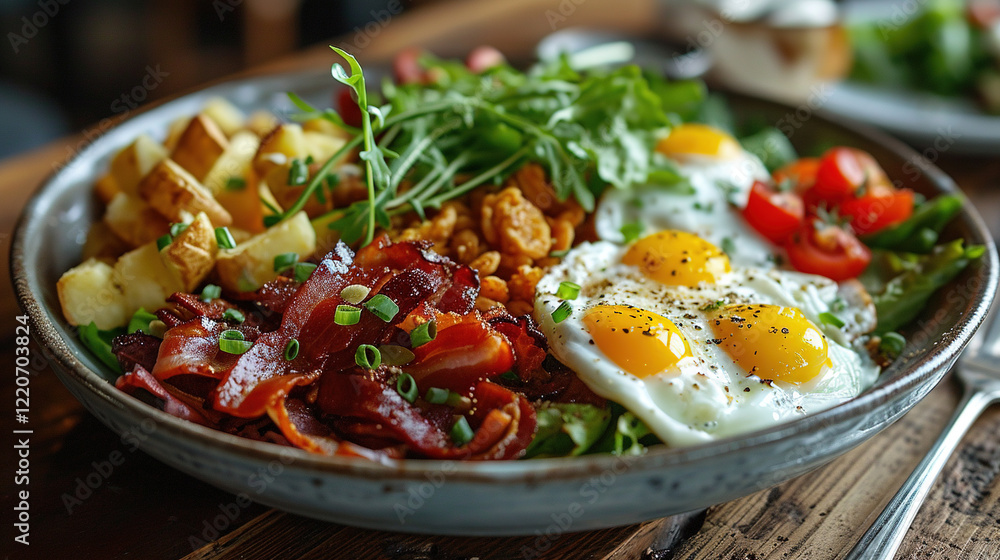 A Perfectly Cooked Fried Egg With Salads In Plate On Blurry Background A Perfectly Cooked Fried Egg With Salads In Plate On Blurry Background