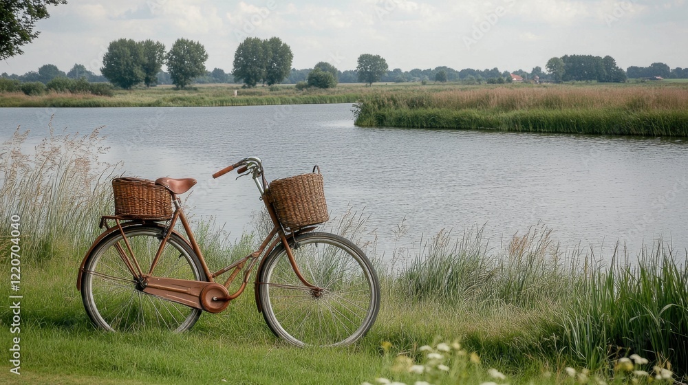 Obraz premium A retro bicycle with a woven basket placed by a calm pond in the countryside.