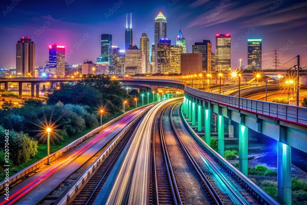 Elevated Commuter Rail Crossing US75 Highway, Dallas, Night Photography Elevated Commuter Rail Crossing US75 Highway, Dallas, Night Photography
