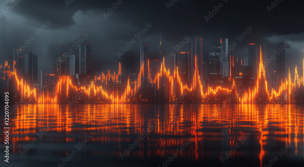 Naklejka premium Glowing stock market graph depicting fluctuations in urban financial landscape reflecting economic trends and investor sentiment