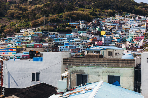 View of Gamcheon Culture village, Busan city, South Korea, Gamcheon-dong, Saha District, beautiful view of streets and multicoloured houses in a summer sunny day, Republic of Korea travel photo