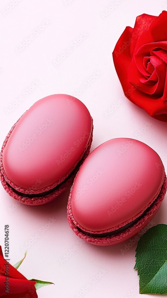Elegant Red Macarons with a Single Red Rose