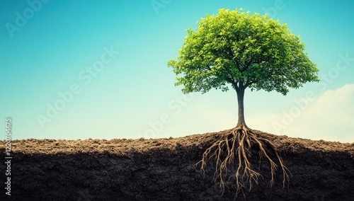 A tree with roots underground, symbolizing the connection between nature and human life. The background is a clear blue sky