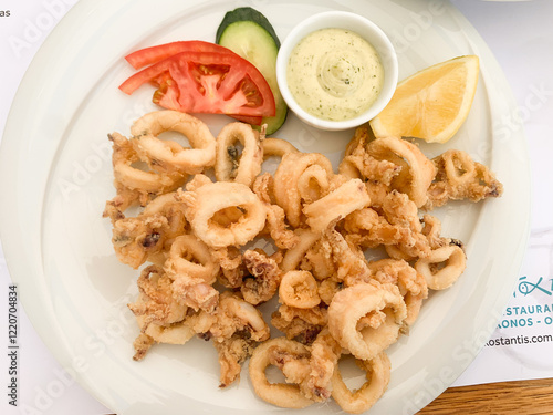 Top view of fried calamari rings served on a white plate with sliced tomato, cucumber, lemon wedge, and a small cup of creamy dip.