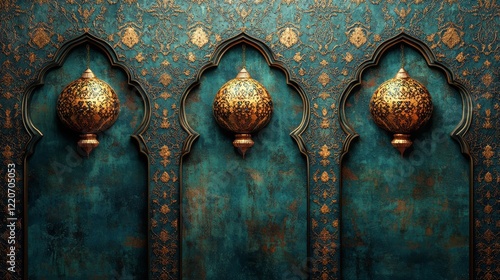 Luxurious Golden Lanterns on Teal Textured Wall with Intricate Patterns