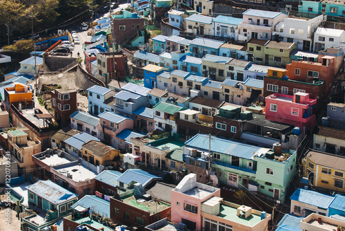 View of Gamcheon Culture village, Busan city, South Korea, Gamcheon-dong, Saha District, beautiful view of streets and multicoloured houses in a summer sunny day, Republic of Korea travel photo