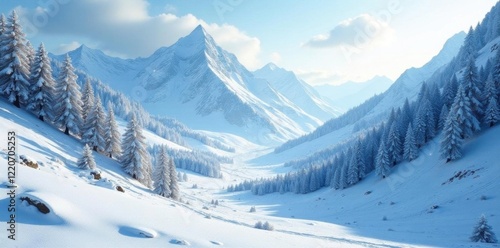 Frosty valley landscape with snow-covered peaks and icy textures, cold, frozen