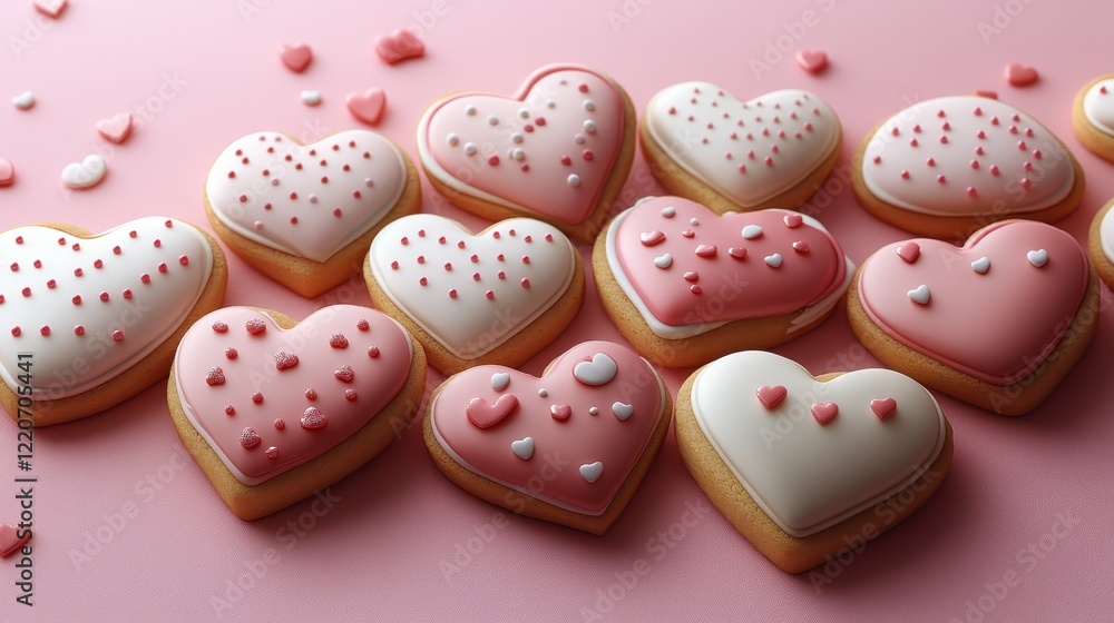 Heart-shaped valentine's day cookies decorated with pink and white icing for february 14th celebration Heart-shaped valentine's day cookies decorated with pink and white icing for february 14th celebration