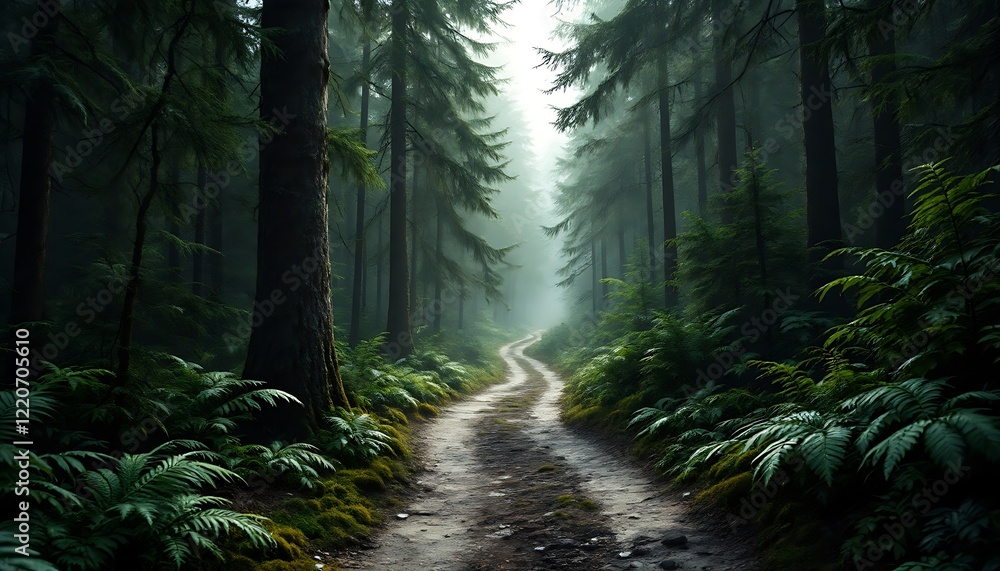 Fototapeta premium Misty Forest Path Winding Through Tall Trees Lush Greenery