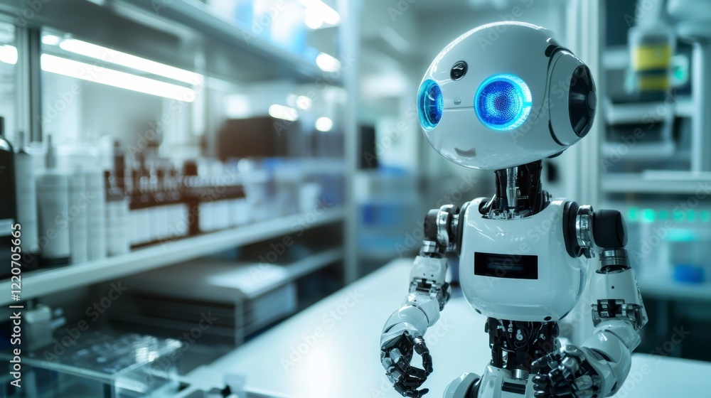 A futuristic robot standing in a high-tech lab, its eyes glowing blue A futuristic robot standing in a high-tech lab, its eyes glowing blue