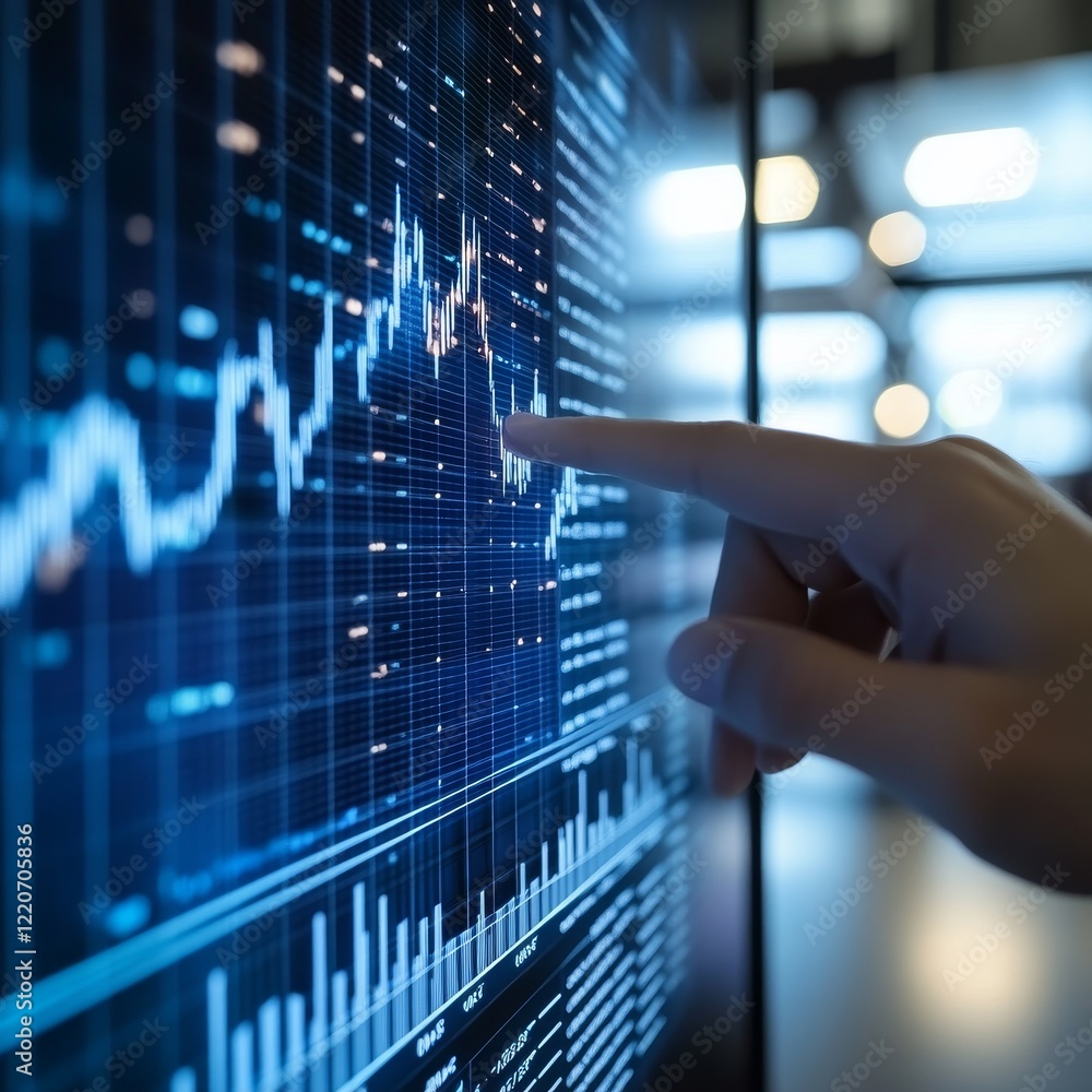 Office man finger touch hud, virtual screen with stock market changes, business candlesticks graph chart. Double exposure of blue and white lines, growing numbers, online trading Office man finger touch hud, virtual screen with stock market changes, business candlesticks graph chart. Double exposure of blue and white lines, growing numbers, online trading