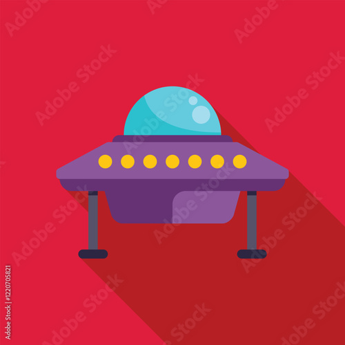 Purple alien spaceship hovering against a vibrant red backdrop, featuring bright lights and a futuristic design