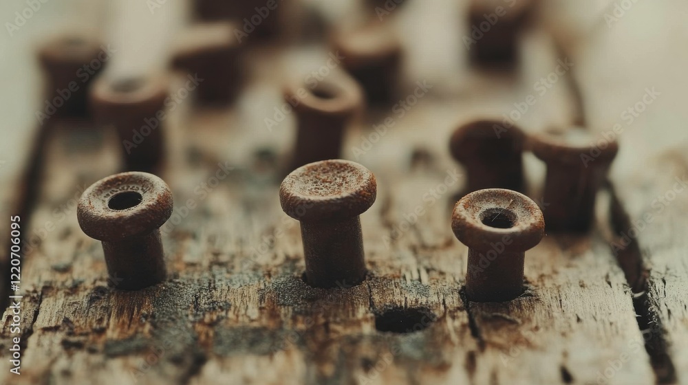 Close-up of Rusty Nails on a Textured Wooden Surface Close-up of Rusty Nails on a Textured Wooden Surface
