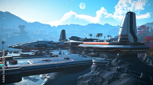 A futuristic spaceport with sleek starships docked and bustling activity
