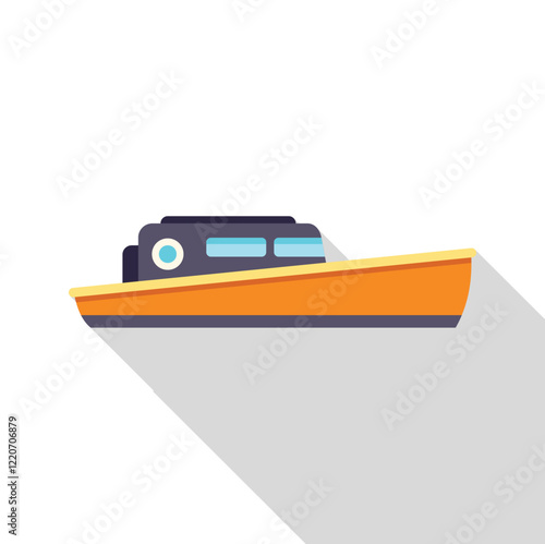 Small orange and black motorboat is floating on water, creating a long shadow, perfect for representing recreational boating or marine transportation