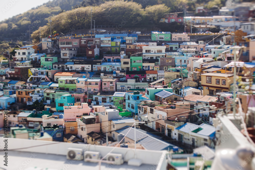 Fototapeta premium View of Gamcheon Culture village, Busan city, South Korea, Gamcheon-dong, Saha District, beautiful view of streets and multicoloured houses in a summer sunny day, Republic of Korea travel