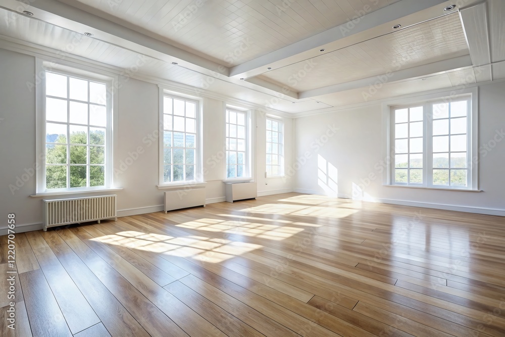 Empty White Room Interior: Whitewashed Wood Floor & Freshly Painted Walls - Stock Photo Empty White Room Interior: Whitewashed Wood Floor & Freshly Painted Walls - Stock Photo