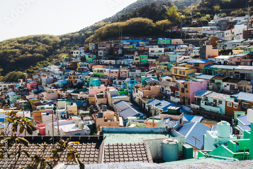 View of Gamcheon Culture village, Busan city, South Korea, Gamcheon-dong, Saha District, beautiful view of streets and multicoloured houses in a summer sunny day, Republic of Korea travel photo